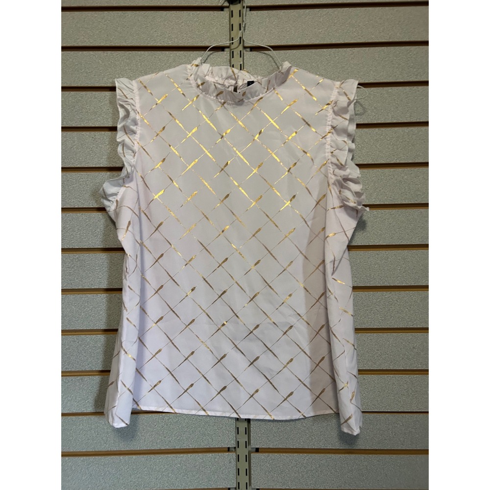 Luna Rae XL Blush Pink Gold Foil Grid Ruffle‎ Coquette, Mock Neck Sleeveless